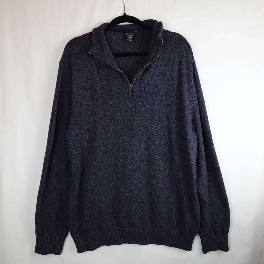 Calvin Klein Pullover Knit Sweater Men's XXL Navy Blue 1/4 Zip Up Mock Neck Fall - Picture 10 of 10